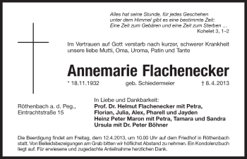 Traueranzeige von Annemarie Flachenecker von Pegnitz-Zeitung